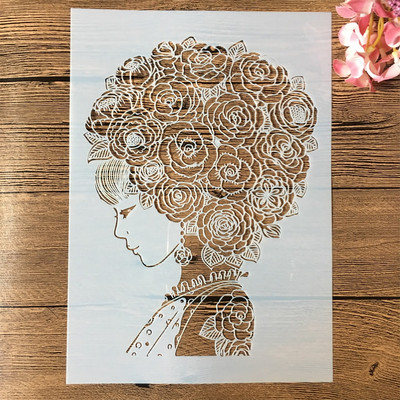 A4 29cm Ruža Krásne dlhé vlasy Dievča DIY Vrstvené šablóny Nástenná maľba Scrapbook Vyfarbovanie Razba Album Dekoratívna šablóna