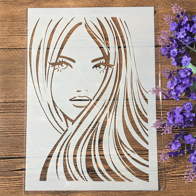 A4 29cm Ruža Krásne dlhé vlasy Dievča DIY Vrstvené šablóny Nástenná maľba Scrapbook Vyfarbovanie Razba Album Dekoratívna šablóna