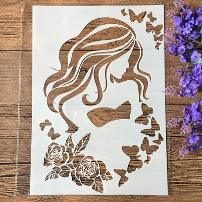 A4 29cm Ruža Krásne dlhé vlasy Dievča DIY Vrstvené šablóny Nástenná maľba Scrapbook Vyfarbovanie Razba Album Dekoratívna šablóna