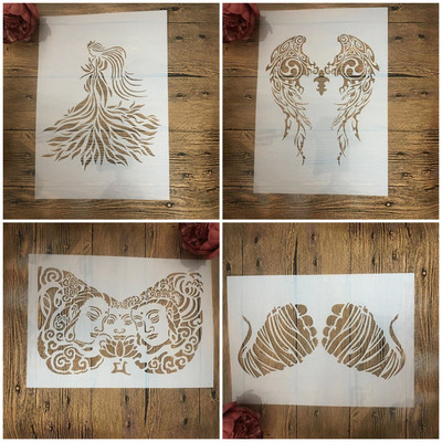 4Pcs A4 29cm Mandala Angel Buddhism Направи си сам шаблони за наслояване Стенни картини Албум за оцветяване Релефен албум Декоративен шаблон