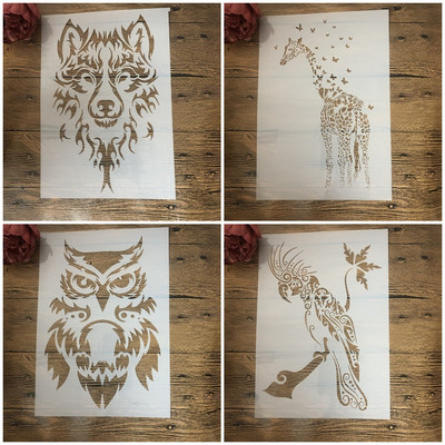 4 buc. A4 29 cm Mandala Lup Papagal Bufniță Șabloane pentru stratificare DIY Pictură de perete Album de însemnări de colorat Șablon decorativ de album în relief