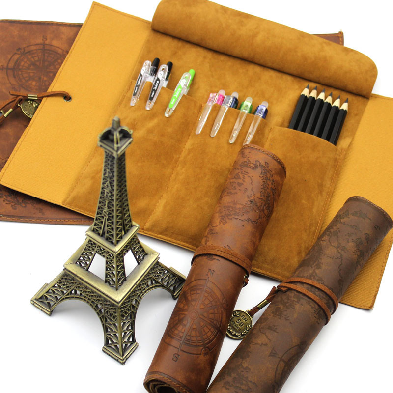 Vintage PU-nahast pliiatsiümbris Retrorulliga pliiatsikott Suure mahutavusega meigipintsli kott Kirjatarvete hoiukotid Kontoritarbed