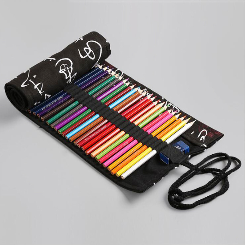 Školska pernica, prijenosna rolna pernica, velika velika, slatka platnena crna pernica za djevojčice, dječake, torbica za pisaći pribor 12/24/36 rupa