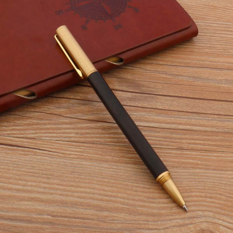 Πολυτελής ποιότητας ορειχάλκινο στυλό κυλίνδρου Classic Golden Ebony Wood Spin Signature Ink Στυλό Γραφικής ύλης Σχολικά προμήθειες Γράψιμο
