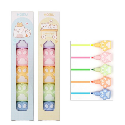 5Colors Creative Cat Claw Bear Heart Shape Highlighter Cartoon Cute Student Gift Line Color Marker Pen Color Hand Account Pen