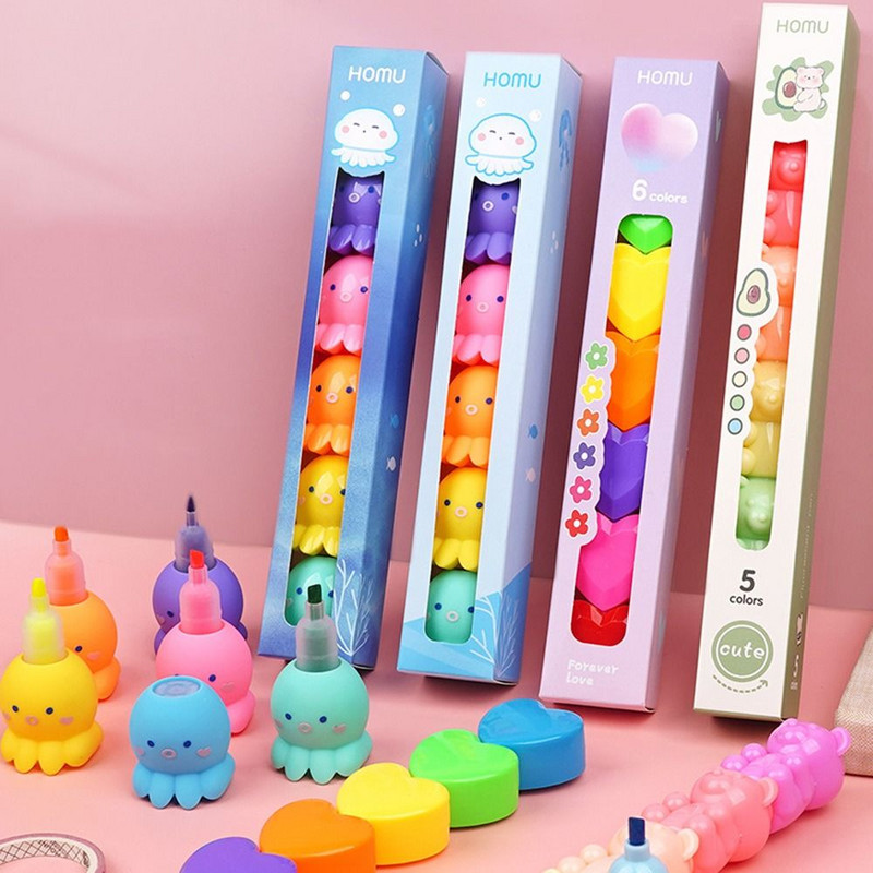 5Colors Creative Cat Claw Bear Heart Shape Highlighter Cartoon Cute Student Gift Line Color Marker Pen Color Hand Account Pen