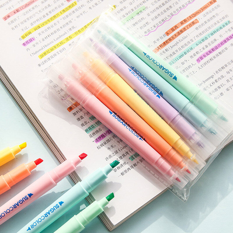 6 vnt./rinkinys Studentų paryškintuvai Dvigubi žymekliai Macaron Color Note Focus Akvarelinis rašiklis