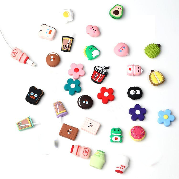 2 tk laadimiskaabli hammustuskaitse andmeliini juhe armas multifilmi pehme PVC kate Apple Android Type-C Cola avokaado lille jaoks