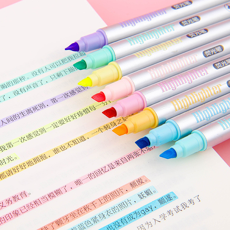 8 vnt / rinkinys Dviejų galvučių fluorescencinis paryškinimo rašiklio žymekliai Pastelinis piešimo rašiklis, skirtas studentų mokyklos reikmenims, mielos raštinės reikmenys