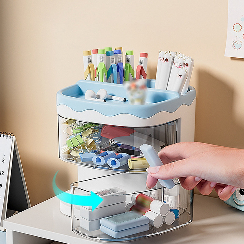 Praktisks daudzfunkcionāls rakstāmgalda organizators pildspalvu turētājs Divslāņu rotējošie zīmuļi studentu kosmētikas uzglabāšanas plaukts