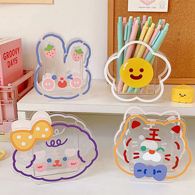 Kawaii Cartoon Ακρυλική θήκη για μαρκαδόρο Desktop Organizer INS Διαφανές Bunny Bear Tiger Γραφείο Χαρτικά Καλλυντικά Κουτί αποθήκευσης