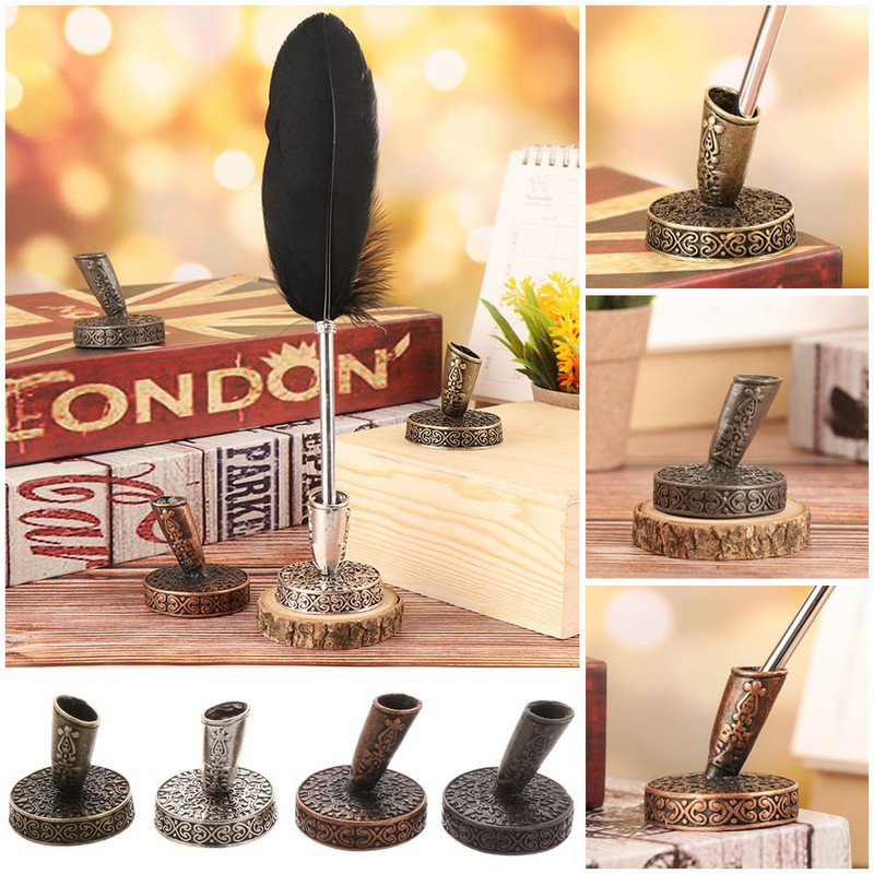 Suport pentru stilou în stil european vintage cu bază rotundă din metal pentru pixuri cu pene, cadouri, rechizite de birou, articole de papetărie