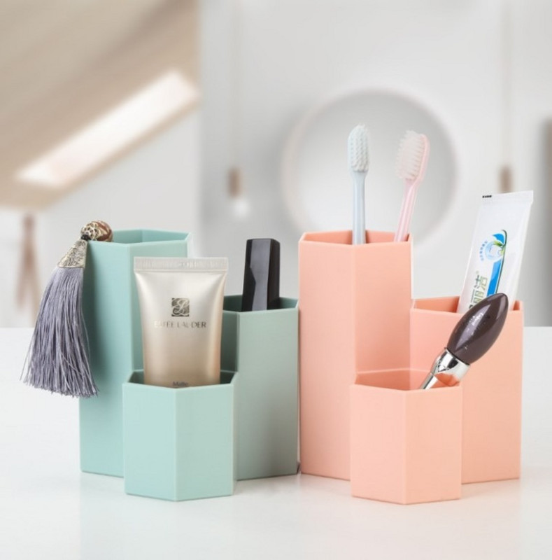 3-farebný úložný box na perá, kozmetický úložný box na make-up, organizér na zásuvku do domácej kancelárie, šesťuholníkový držiak na perá
