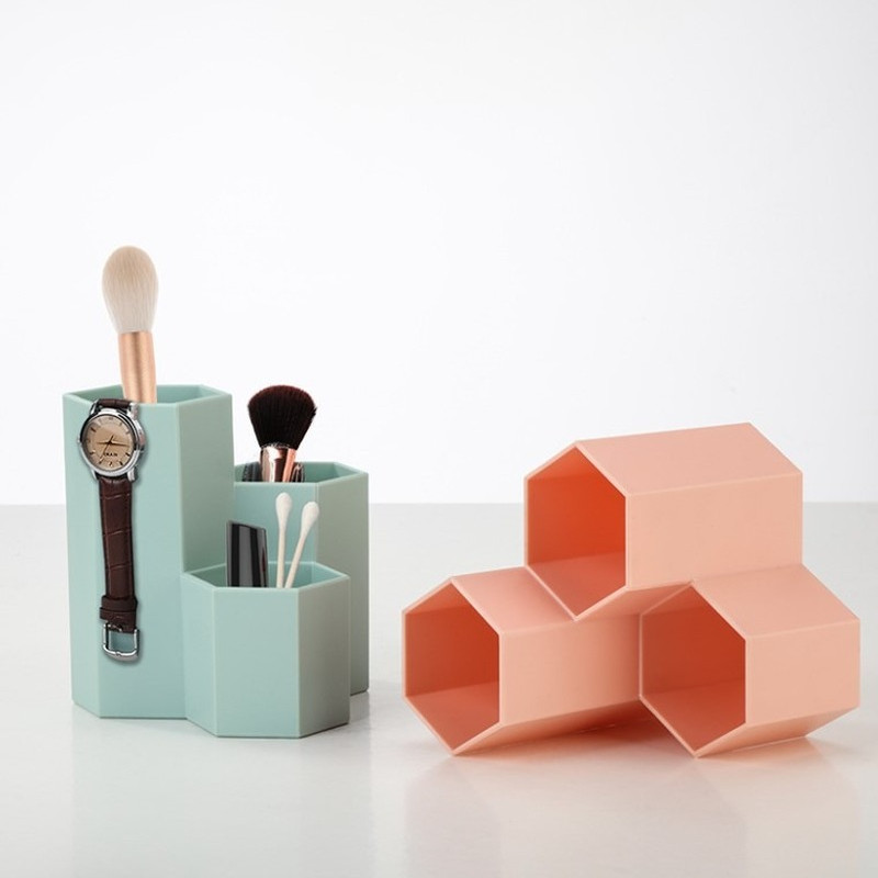 3-farebný úložný box na perá, kozmetický úložný box na make-up, organizér na zásuvku do domácej kancelárie, šesťuholníkový držiak na perá