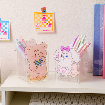 Kawaii Cartoon Acrylic Pen Holder Desktop Organizer INS Transparent Bunny Bear Cat Office Канцеларски материали Кутия за съхранение на козметика