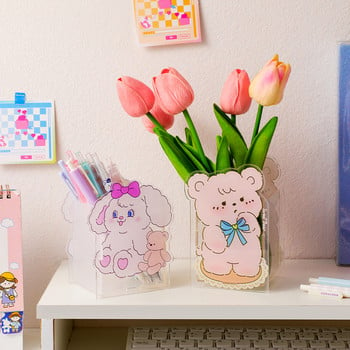 Kawaii Cartoon Acrylic Pen Holder Desktop Organizer INS Transparent Bunny Bear Cat Office Канцеларски материали Кутия за съхранение на козметика