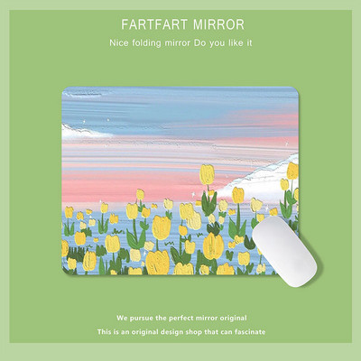 Зелена сладка малка подложка за мишка Mousepad Kawaii Oil Paiting Tulip Cartoon Laptop Rug Gaming Keyboard Mat Mause Pc Desk Mausepad