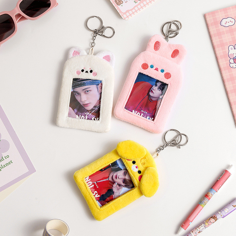 Kawaii crtane životinje, meki pliš, 3 inča, Kpop, držač za foto kartice, zaštitnik za fotografije, rukav, držač za kartice, torba, privjesak, školski pribor