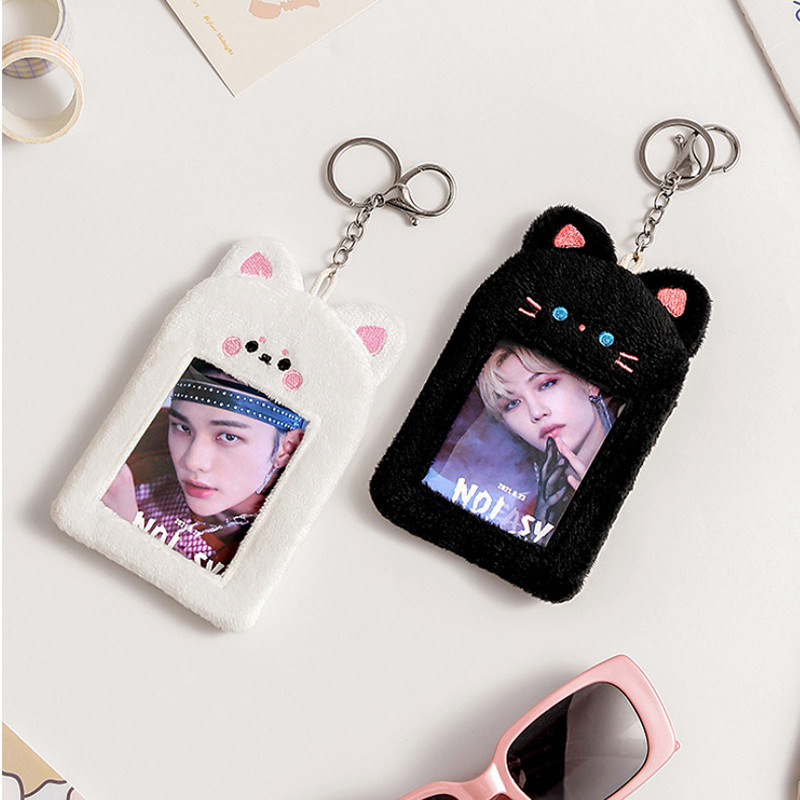 Kawaii crtane životinje, meki pliš, 3 inča, Kpop, držač za foto kartice, zaštitnik za fotografije, rukav, držač za kartice, torba, privjesak, školski pribor