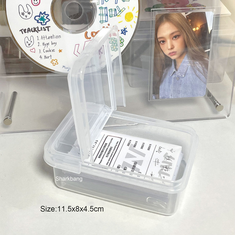 „Sharkbang ABS Flip Storage Box“ permatomas stalinis tvarkytuvas didelės talpos atvirukų lipdukų dėžutės antrinio paketo laikiklis raštinės reikmenys