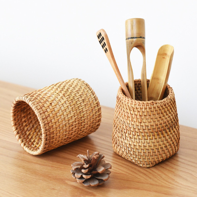 Cutie de depozitare din ratan lucrată manual Suport stilou cosmetic Accesorii pentru ceremonia ceaiului Decorare pentru depozitare vesela Coș de depozitare pentru uz casnic