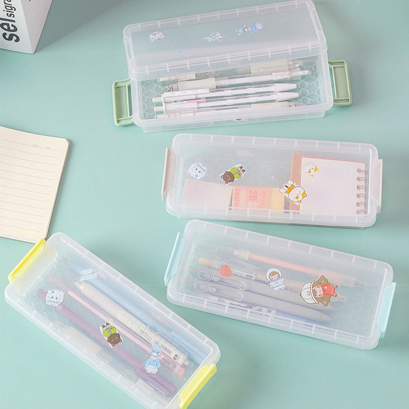 Nešiojamas dviejų sluoksnių skaidrus pieštukų dėklas, didelės talpos daugiafunkcis stalinis dėklas, akinių dėklas, raštinės reikmenų dėžutė