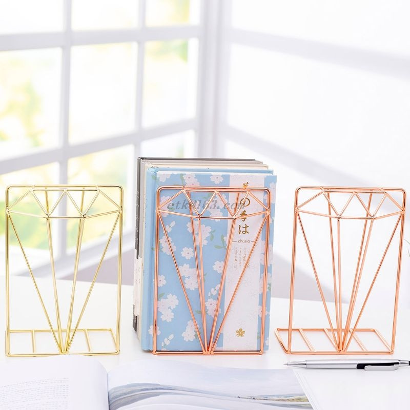 1 pc grāmatu atbalsta statīvs Radošs dimanta formas metāla grāmatplaukts, rakstāmgalda organizators uzglabāšanas plaukts