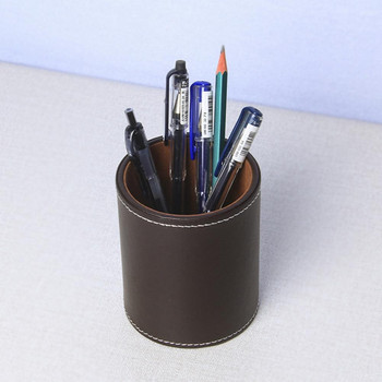 Контейнер за писалка Голям капацитет Компактен размер Спестете място Кръгъл държач за химикалка от изкуствена кожа Настолна кутия за съхранение на канцеларски материали за дома