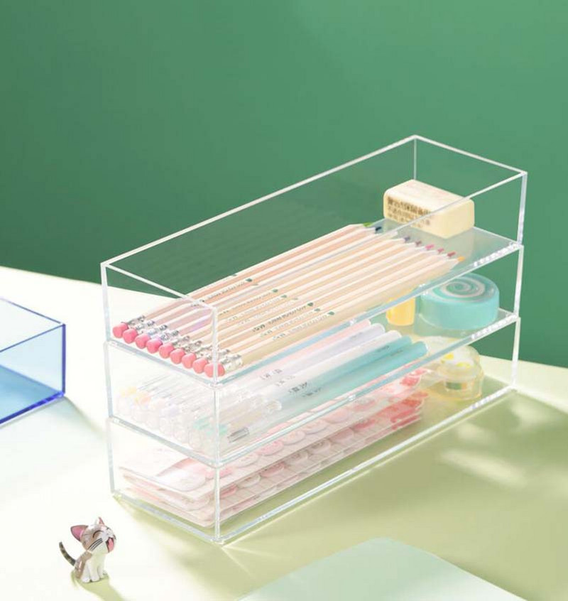 Átlátszó, fedél nélküli, egymásra rakható tárolódoboz fiókos válogatódoboz, asztali írószer és egyéb válogató ékszercsomagoló doboz