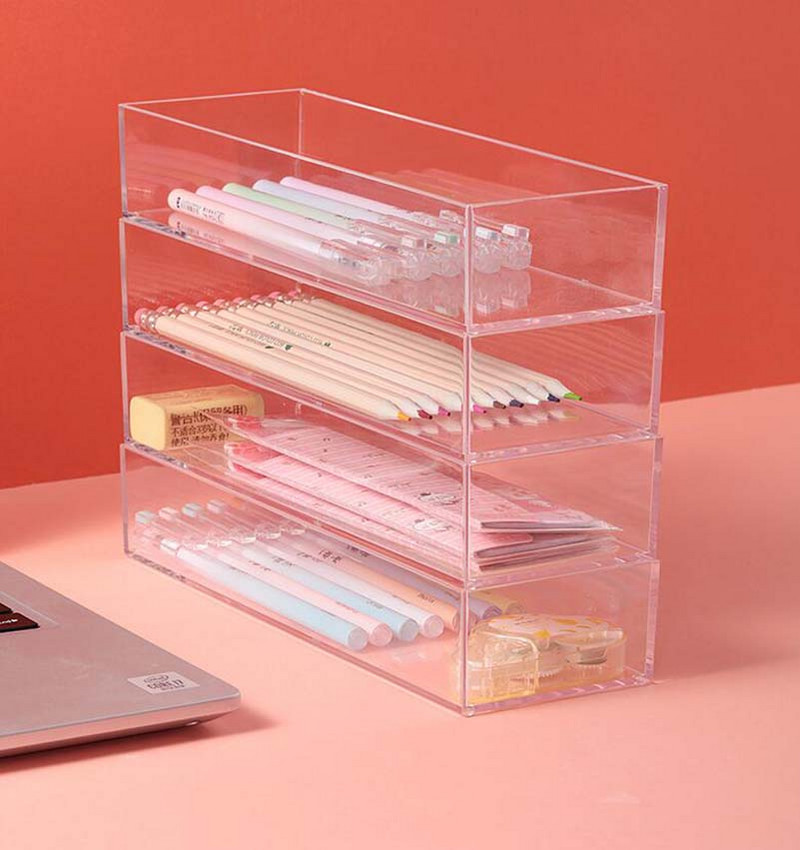Átlátszó, fedél nélküli, egymásra rakható tárolódoboz fiókos válogatódoboz, asztali írószer és egyéb válogató ékszercsomagoló doboz