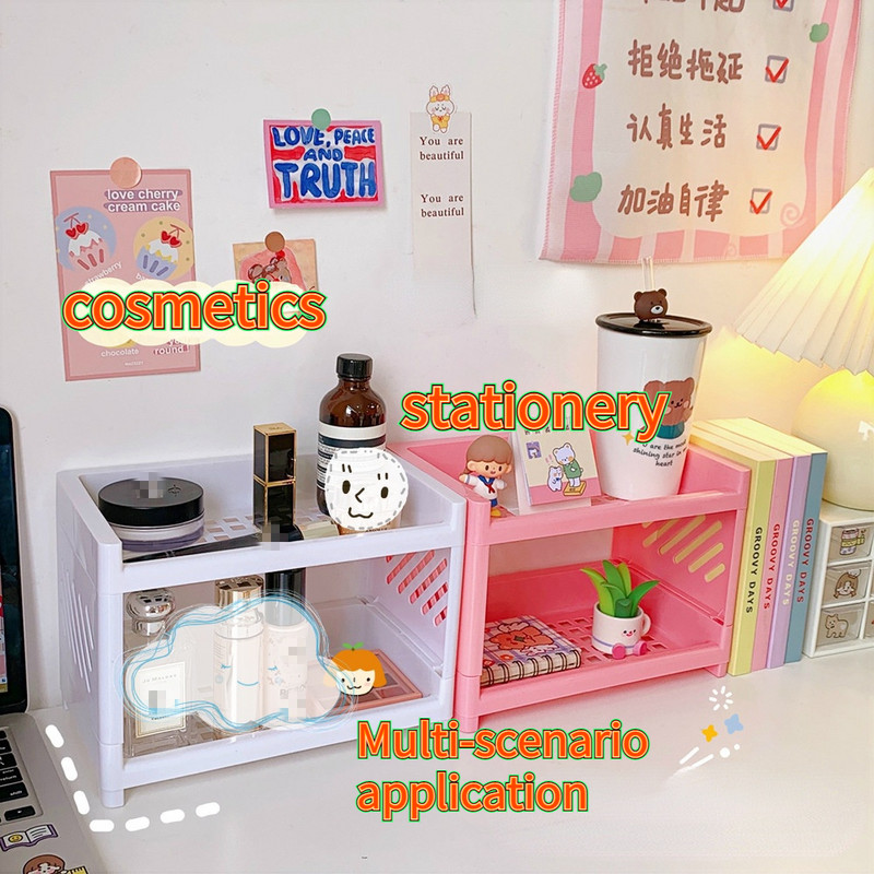 Raft de depozitare de birou cu două straturi Organizator de machiaj pliabil Organizator de birou cosmetice pentru baie pentru bucătărie