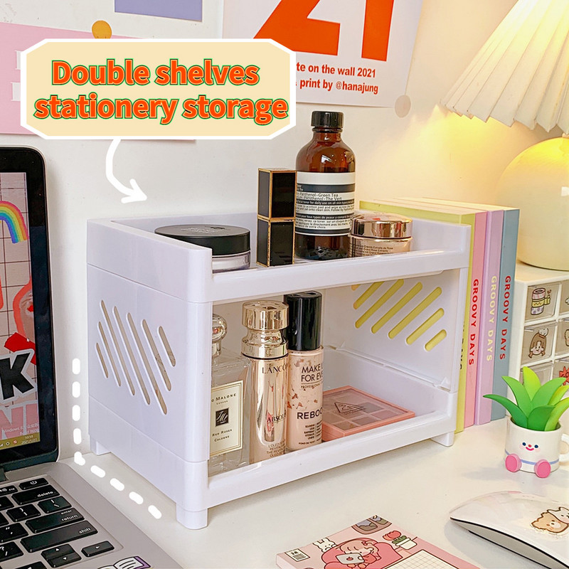 Raft de depozitare de birou cu două straturi Organizator de machiaj pliabil Organizator de birou cosmetice pentru baie pentru bucătărie