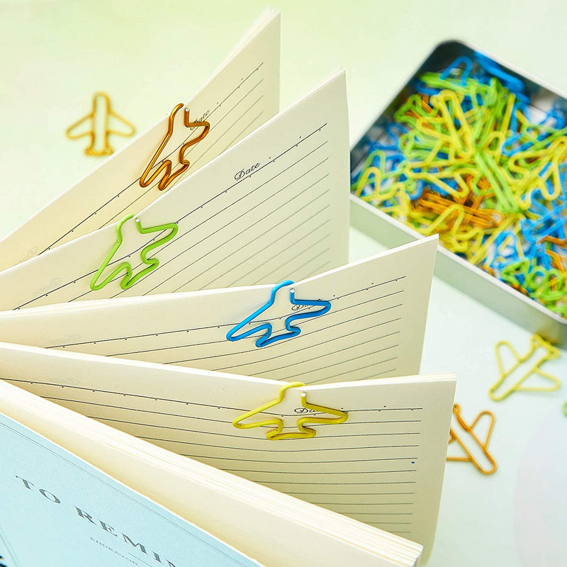 Spajalice za papir u avionu od 48 komada Slatke spajalice za papir u avionu, više boja, po kutiji u limenci, držač za spajalice, školski uredski pribor