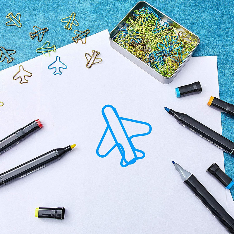 Spajalice za papir u avionu od 48 komada Slatke spajalice za papir u avionu, više boja, po kutiji u limenci, držač za spajalice, školski uredski pribor