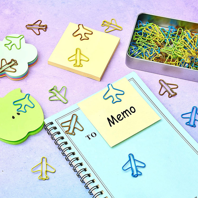 Spajalice za papir u avionu od 48 komada Slatke spajalice za papir u avionu, više boja, po kutiji u limenci, držač za spajalice, školski uredski pribor