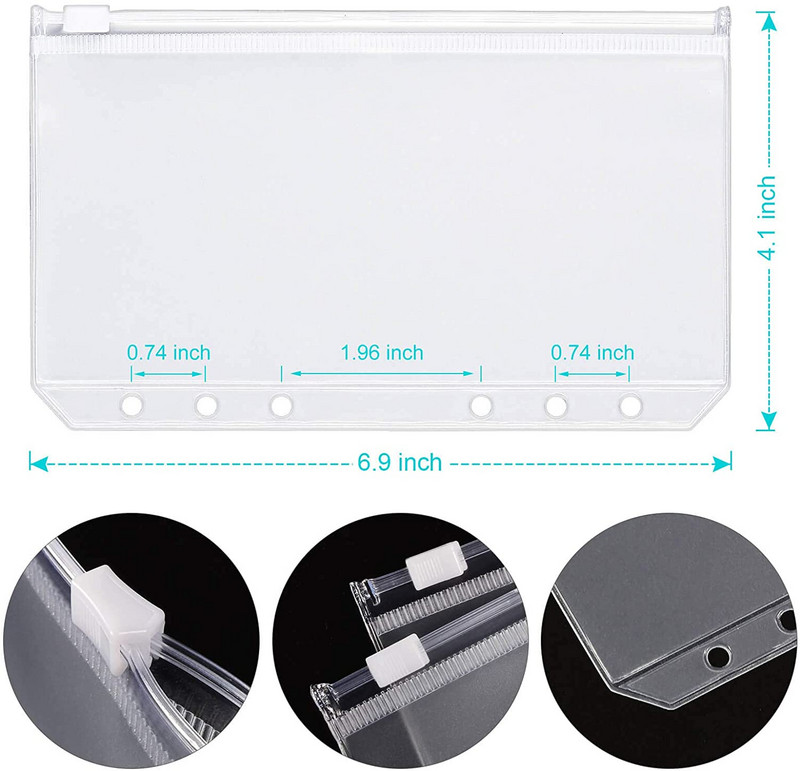 12 vnt. A6 dydžio segtuvų kišenės su užtrauktuku Pinigai biudžetiniai vokai PVC laisvų lapų maišeliai Puslapiai 6 žiedų nešiojamojo kompiuterio segtuvų aplankams