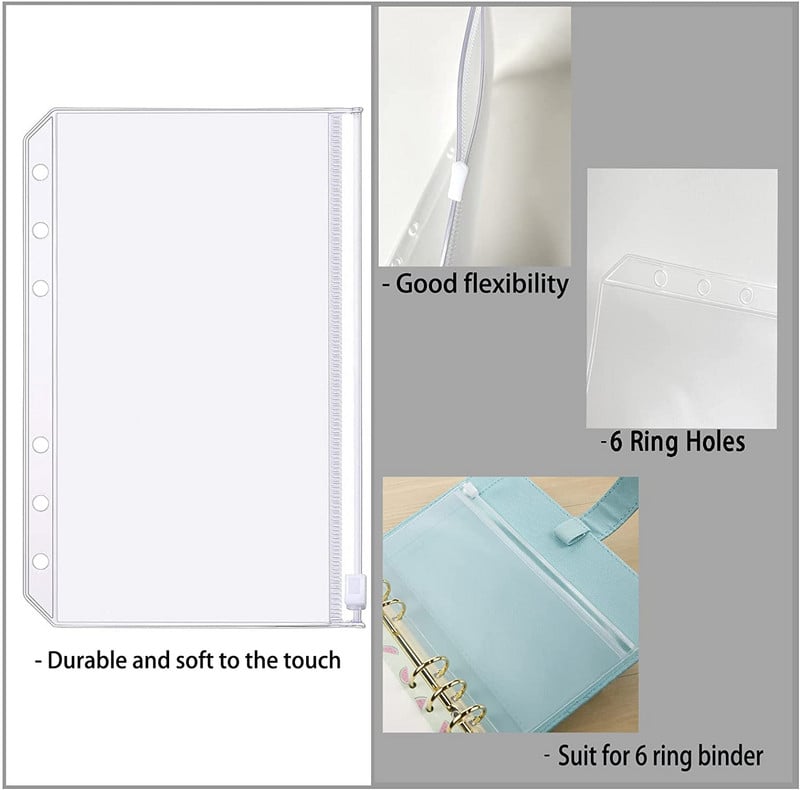12 vnt. A6 dydžio segtuvų kišenės su užtrauktuku Pinigai biudžetiniai vokai PVC laisvų lapų maišeliai Puslapiai 6 žiedų nešiojamojo kompiuterio segtuvų aplankams