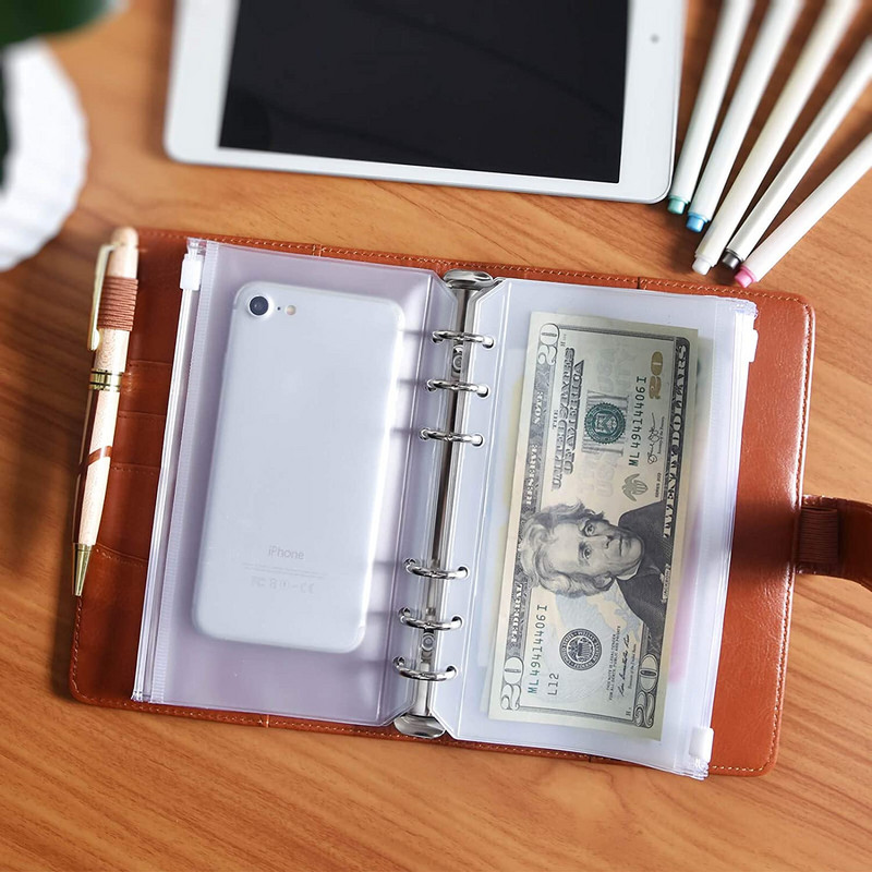 12 vnt. A6 dydžio segtuvų kišenės su užtrauktuku Pinigai biudžetiniai vokai PVC laisvų lapų maišeliai Puslapiai 6 žiedų nešiojamojo kompiuterio segtuvų aplankams