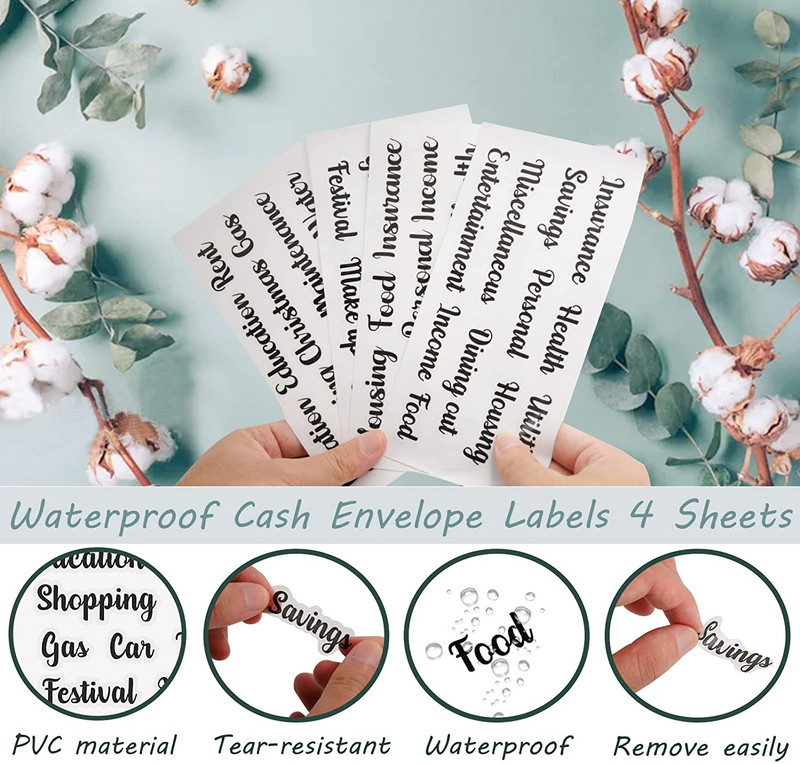 57 vienetai grynųjų pinigų vokai etiketės lipdukai A6 segtuvų kišenės užtrauktukas biudžeto sudarymui Skaidrios lipnios etiketės pinigų taupymui