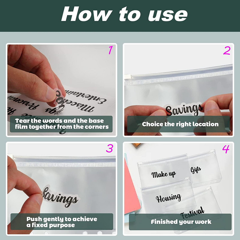 57 vienetai grynųjų pinigų vokai etiketės lipdukai A6 segtuvų kišenės užtrauktukas biudžeto sudarymui Skaidrios lipnios etiketės pinigų taupymui