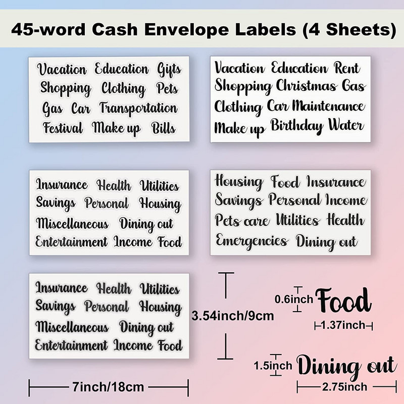 57 vienetai grynųjų pinigų vokai etiketės lipdukai A6 segtuvų kišenės užtrauktukas biudžeto sudarymui Skaidrios lipnios etiketės pinigų taupymui
