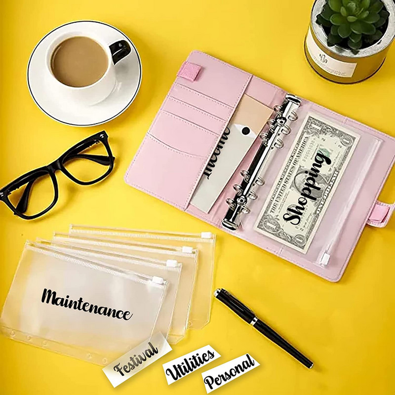 57 vienetai grynųjų pinigų vokai etiketės lipdukai A6 segtuvų kišenės užtrauktukas biudžeto sudarymui Skaidrios lipnios etiketės pinigų taupymui