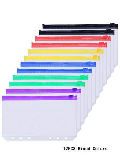 12 vnt A6 6 skylučių segtuvų kišenės vandeniui atsparūs PVC grynųjų pinigų biudžetiniai vokai, užtrauktuku užsegami segtuvų maišeliai, skirti nešiojamojo kompiuterio planuotojo kelionių segtuvams