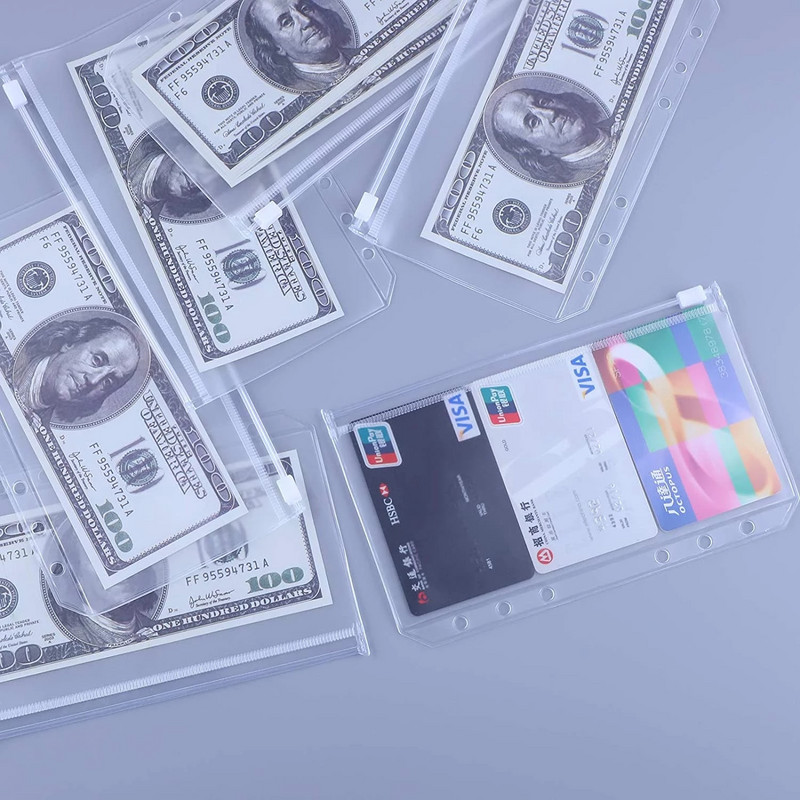 12 vnt A6 6 skylučių segtuvų kišenės vandeniui atsparūs PVC grynųjų pinigų biudžetiniai vokai, užtrauktuku užsegami segtuvų maišeliai, skirti nešiojamojo kompiuterio planuotojo kelionių segtuvams