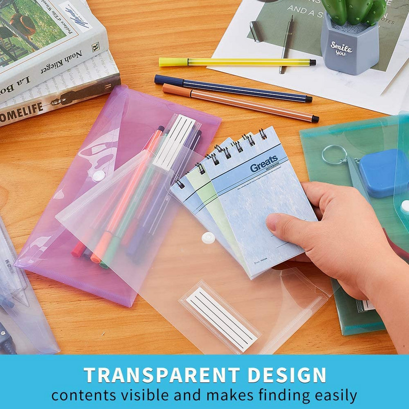 5 pakki A6 läbipaistvad ümbrikud, failikaust arvekott, silditaskuga pliiatsitasku, A6 ümbriku failikott koolikontori koduseks kasutamiseks