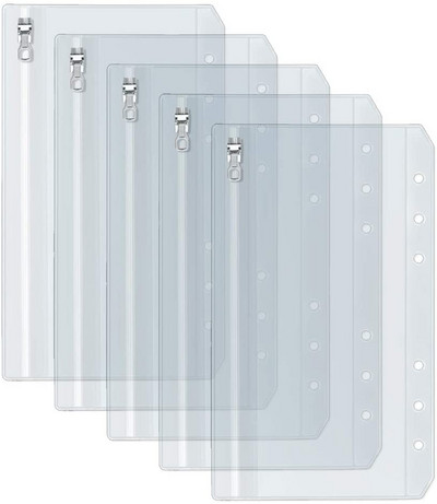 A5 A6 Clear Binder Cash Envelopes with Metal Zipper 6-Hole Punched Binder Pocket for 6-Ring Notebook Binder Pouch Organizer
