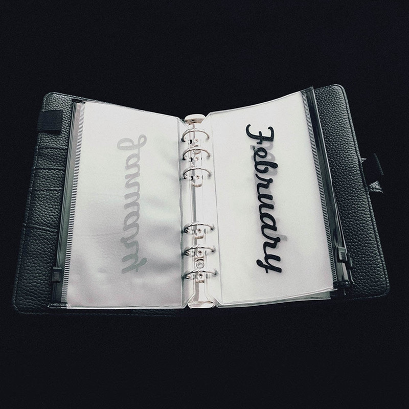 A6 mėnesio grynųjų pinigų planavimo segtuvo kišenė failų tvarkyklės saugojimo aplankas skaidrus PVC palaidų lapų maišelis su užtrauktuku.