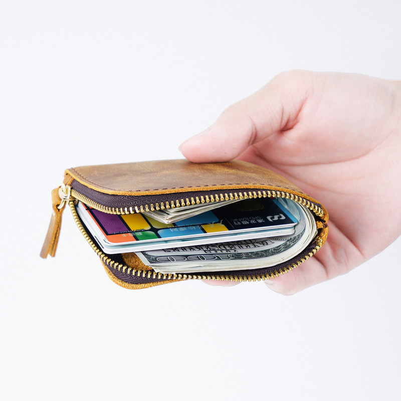 Nešiojamos piniginės formos tikros odos dokumentų krepšys Mažas mini senovinis karvės odos aplankas su užtrauktuku Namų biuro mokyklos reikmenų dovana