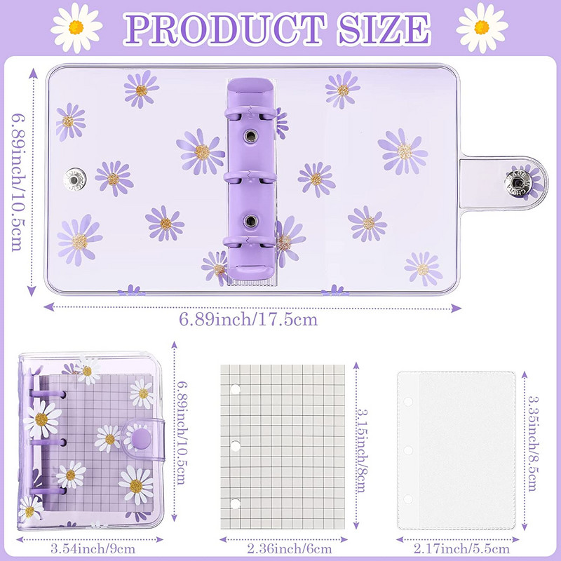 Mini skaidrūs PVC 3 žiedų segtuvų dangteliai su 80 vidinio popieriaus, 3 vnt segtuvų kišenės, mini skaidraus 3 žiedų laisvų lapų užrašų knygelė