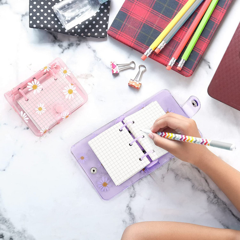 Mini skaidrūs PVC 3 žiedų segtuvų dangteliai su 80 vidinio popieriaus, 3 vnt segtuvų kišenės, mini skaidraus 3 žiedų laisvų lapų užrašų knygelė